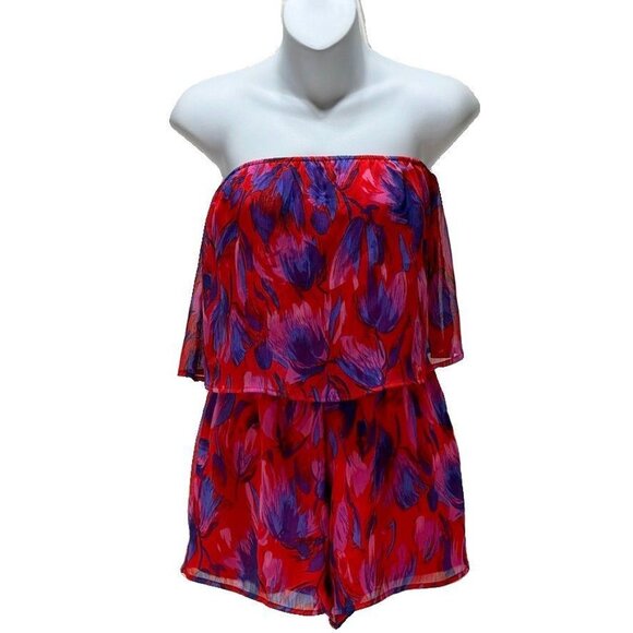 Strapless Floral Red & Purple Romper By Honey Punch Small Polyester & Rayon Ligh - Picture 1 of 4